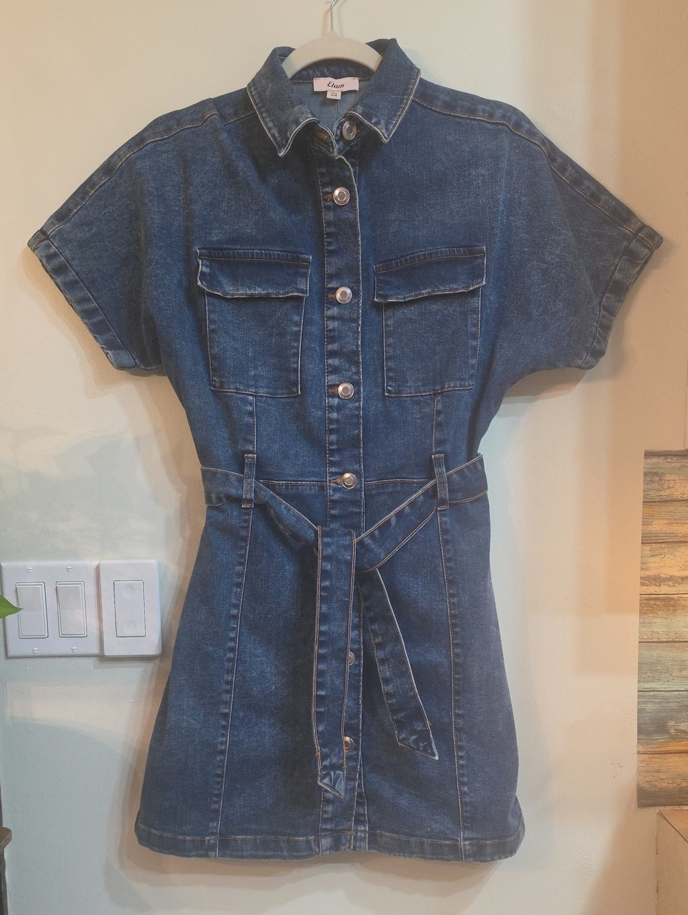 Casual Dark Blue Denim Mini Dress with Tie Waist